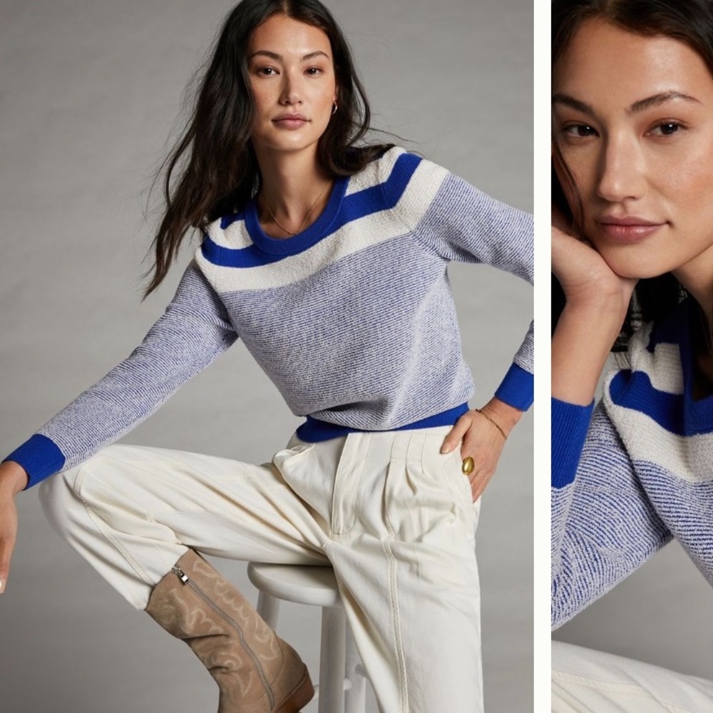 Anthropologie Blue and Cream Striped Crewneck Sweater